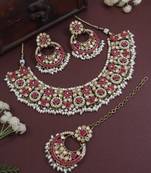Gold plated traditional floral kundan & pearl choker necklace jewellery earrings & maang tikka set for women