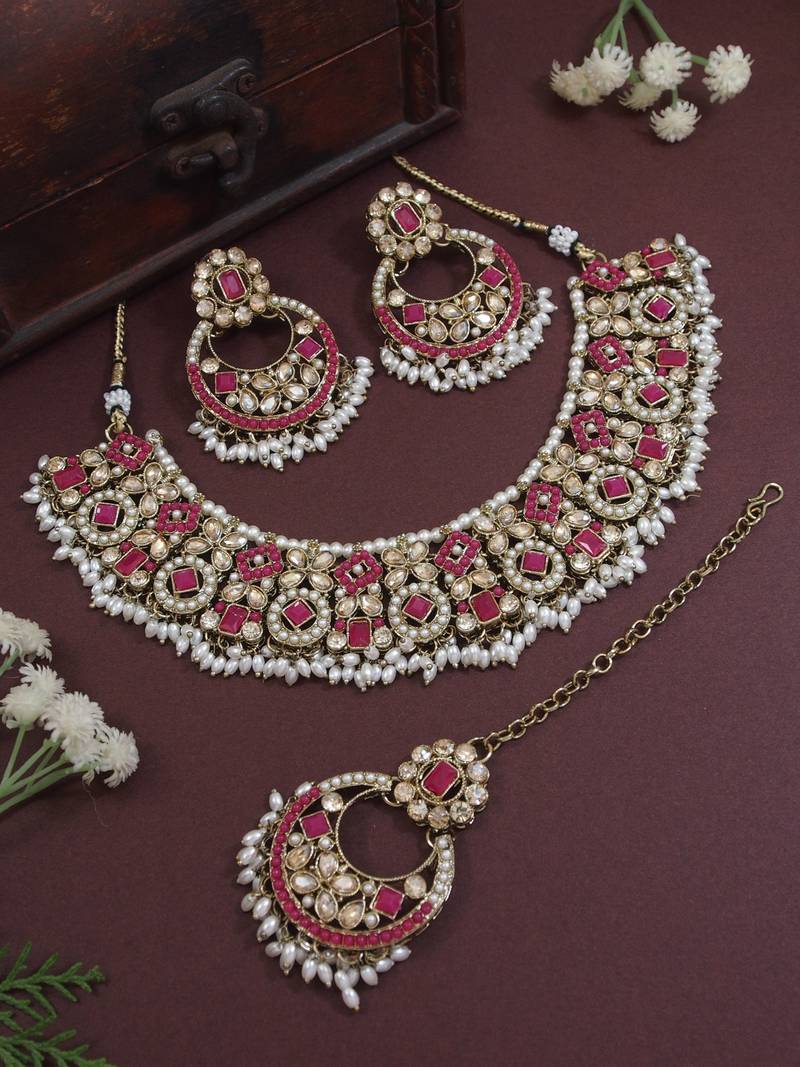 Gold plated traditional floral kundan & pearl choker necklace jewellery earrings & maang tikka set for women (dark pink)