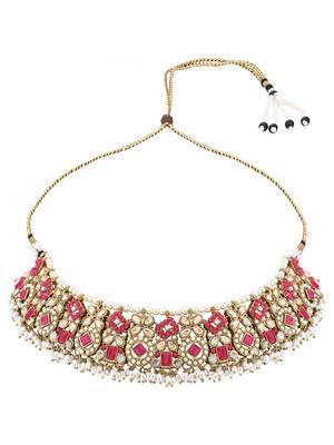 Gold plated traditional floral kundan & pearl choker necklace jewellery earrings & maang tikka set for women  3