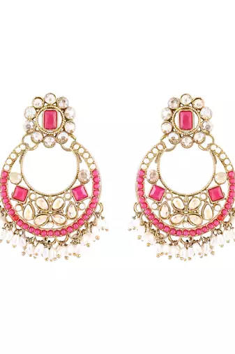 Gold plated traditional floral kundan & pearl choker necklace jewellery earrings & maang tikka set for women 