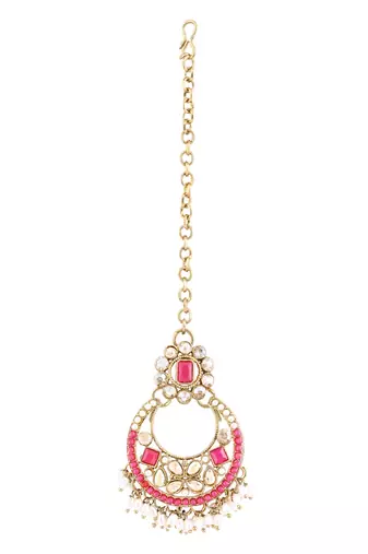 Gold plated traditional floral kundan & pearl choker necklace jewellery earrings & maang tikka set for women 
