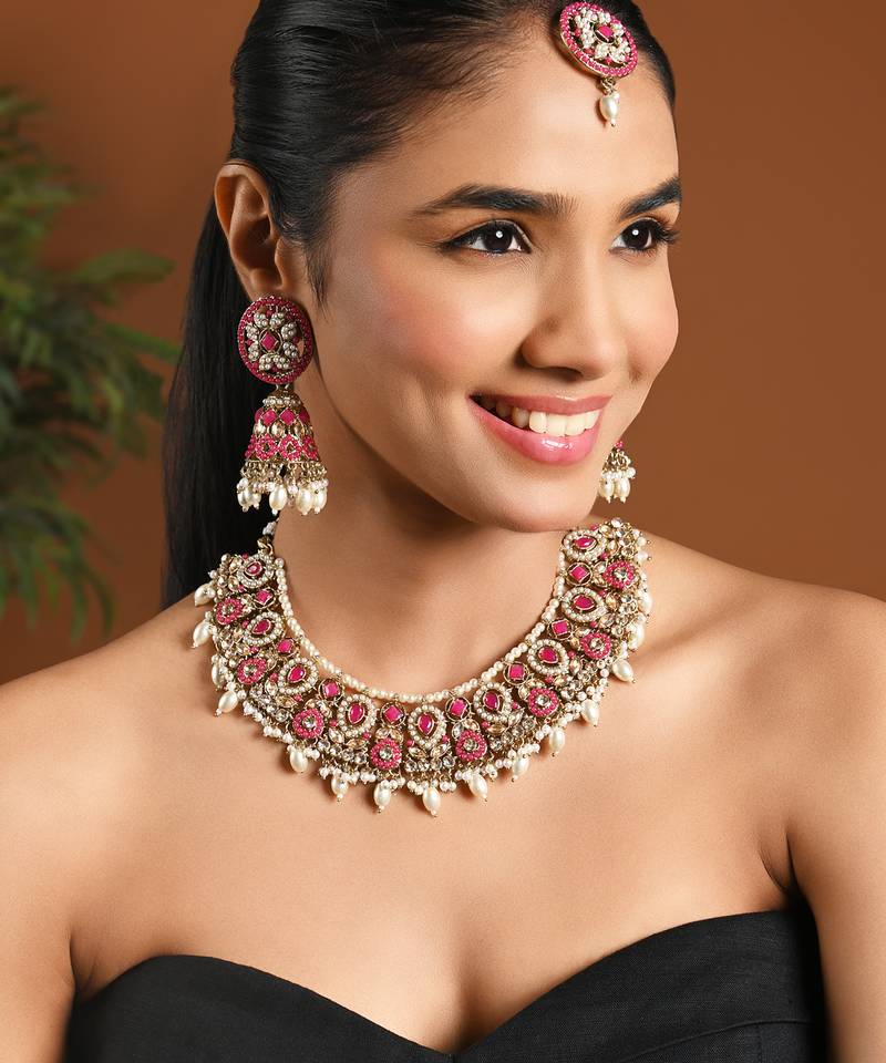 Gold plated traditional kundan & pearl choker necklace jewellery earrings & maang tikka set for women (dark pink)
