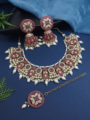 Gold plated traditional kundan & pearl choker necklace jewellery earrings & maang tikka set for women  3