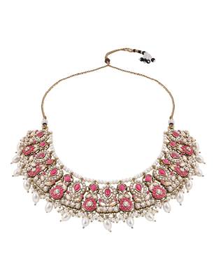 Gold plated traditional kundan & pearl choker necklace jewellery earrings & maang tikka set for women  4