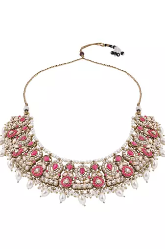 Gold plated traditional kundan & pearl choker necklace jewellery earrings & maang tikka set for women 