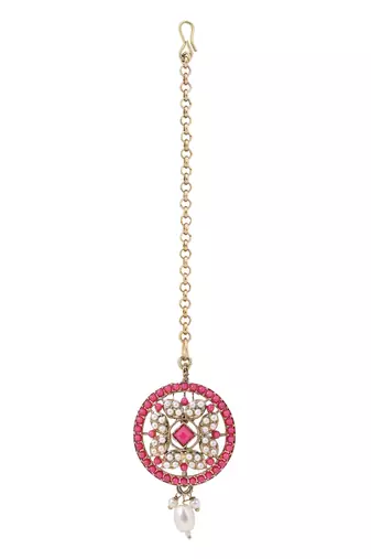 Gold plated traditional kundan & pearl choker necklace jewellery earrings & maang tikka set for women 