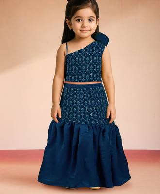 girls turquoise georgette lehenga set - one shoulder sequined diwali outfit 1
