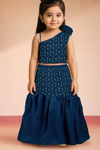 Vastramay girls turquoise georgette lehenga set - one shoulder sequined diwali outfit
