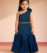 girls turquoise georgette lehenga set - one shoulder sequined diwali outfit