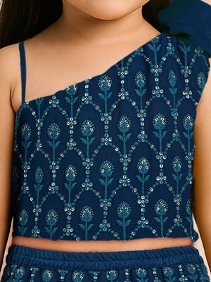 girls turquoise georgette lehenga set - one shoulder sequined diwali outfit 2