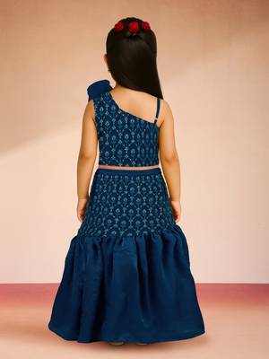 girls turquoise georgette lehenga set - one shoulder sequined diwali outfit 3