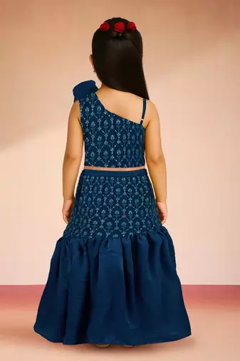 girls turquoise georgette lehenga set - one shoulder sequined diwali outfit