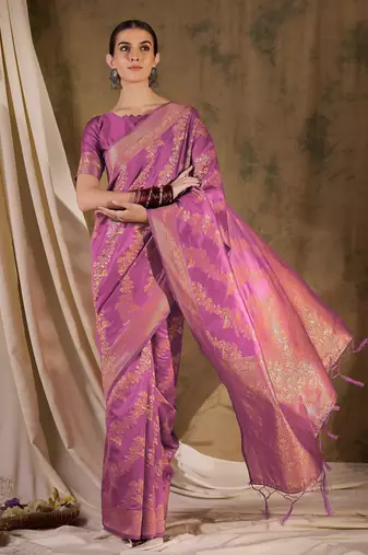 beautiful pink banarasi art silk saree with weaving work 