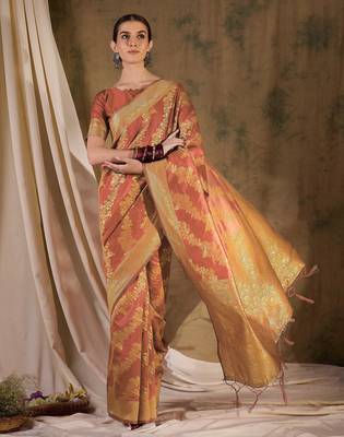 charming peach banarasi art silk saree with weaving work  1