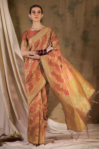 charming peach banarasi art silk saree with weaving work 