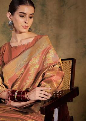charming peach banarasi art silk saree with weaving work  2