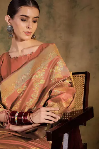 charming peach banarasi art silk saree with weaving work 