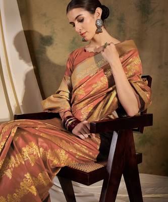 charming peach banarasi art silk saree with weaving work  3