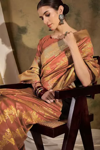 charming peach banarasi art silk saree with weaving work 