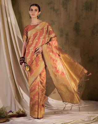 charming peach banarasi art silk saree with weaving work  4