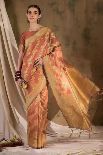 charming peach banarasi art silk saree with weaving work 