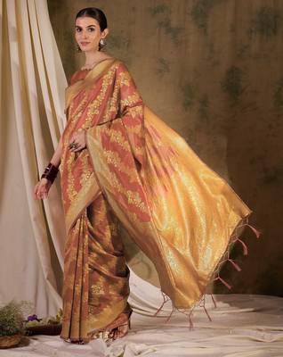 charming peach banarasi art silk saree with weaving work  5