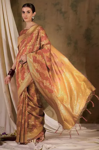 charming peach banarasi art silk saree with weaving work 