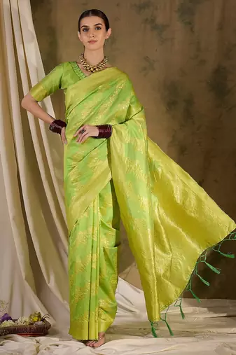 refreshing pista green banarasi art silk saree with weaving work 