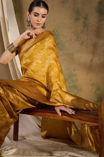 vibrant mustard banarasi art silk saree with weaving work 
