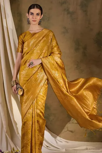 vibrant mustard banarasi art silk saree with weaving work 