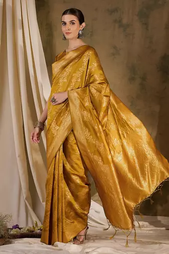 vibrant mustard banarasi art silk saree with weaving work 