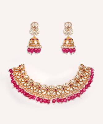 Gold plated red stone kundan necklace set 1