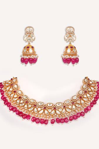 Gold plated red stone kundan necklace set