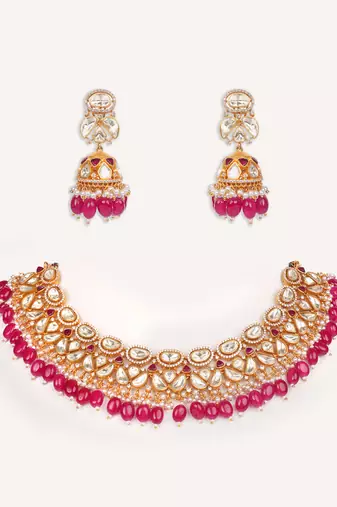 Gold plated red stone kundan necklace set