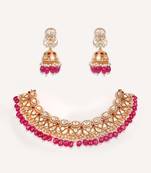 Gold plated red stone kundan necklace set
