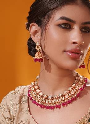 Gold plated red stone kundan necklace set 2