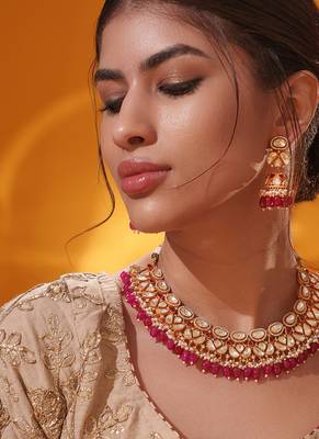 Gold plated red stone kundan necklace set 3