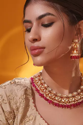Gold plated red stone kundan necklace set
