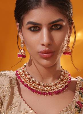 Gold plated red stone kundan necklace set 4