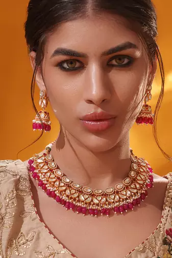 Gold plated red stone kundan necklace set