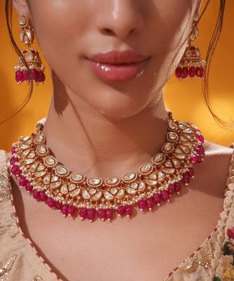 Gold plated red stone kundan necklace set 5