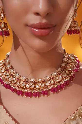 Gold plated red stone kundan necklace set