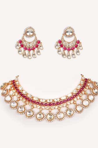 Gold plated red stone kundan necklace set