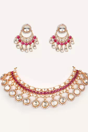 Gold plated red stone kundan necklace set