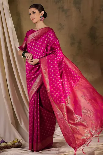 gorgeous pink banarasi art silk saree with weaving work 