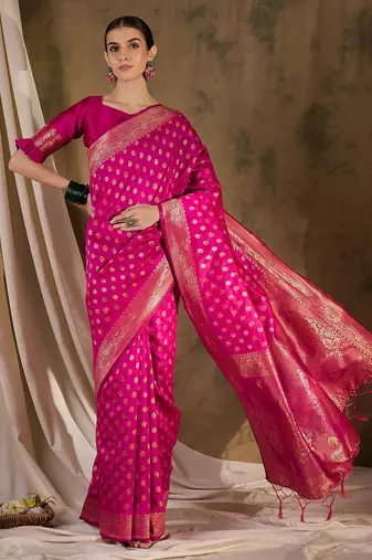 gorgeous pink banarasi art silk saree with weaving work 