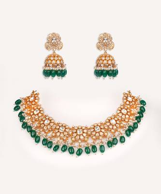 Gold plated green stone kundan necklace set 1