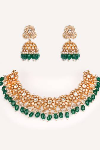 Gold plated green stone kundan necklace set