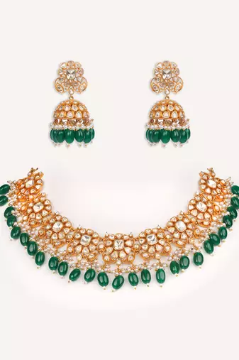 Gold plated green stone kundan necklace set