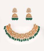 Gold plated green stone kundan necklace set